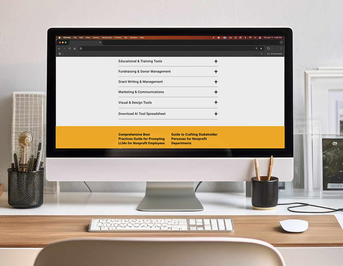 Nonprofit AI resource library shown on a desktop computer.
